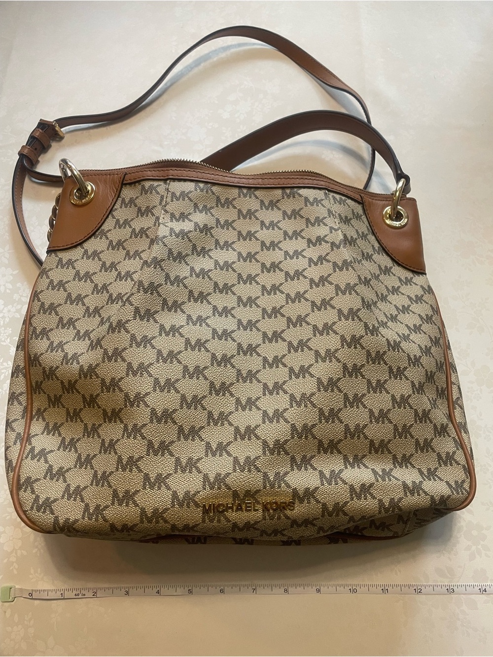 Michael Kors Beige & Brown MK Logo Shoulder Bag